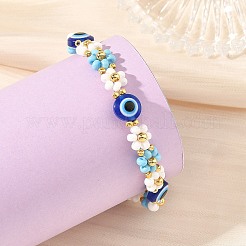 Blue Evil Eye Resin Flower Glass Seed Beaded Bracelets for Women&nbsp;BJEW-MZ00353