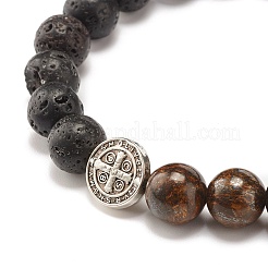 Natural Bronzite & Lava Rock Round Beads Stretch Bracelet&nbsp;BJEW-JB07457