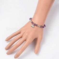 Natural Amethyst Beaded Elephant Charm Stretch Bracelets&nbsp;BJEW-JB01974-03
