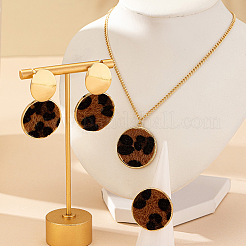 Flat Round Alloy Leopard Print Flocking Pendant Necklace & Stud Dangle Earring & Ring Sets for Women&nbsp;FS-WG76AFD-01