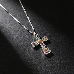 Alloy Rhinestone Enamel Floral Cross Pendant Necklaces for Women&nbsp;WGDC600-01
