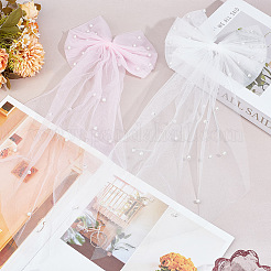 2Pcs 2 Colors Bowknot Long Mesh Tulle Bridal Veils with Hair Barrettes & Imitation Pearl&nbsp;OHAR-GO0001-10