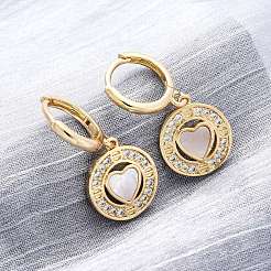 Heart with Flat Round Brass Micro Pave Clear Cubic Zirconia Hoop Earrings&nbsp;KK-D363-11A-G