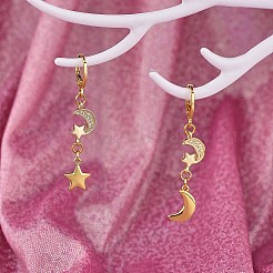 Clear Cubic Zirconia Moon and Star Dangle Leverback Earrings&nbsp;EJEW-SW00011-09