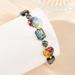 Handmade Millefiori Lampwork Heart & Dyed Rice Natural Pearl & Rectangle Paua Shell Beaded Stretch Bracelets&nbsp;BJEW-JB14296