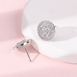 Brass Micro Pave Clear Cubic Zirconia Flat Round Stud Earrings&nbsp;EJEW-H165-05P