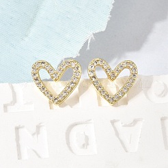 Valentine's Day Hollow Heart Brass Micro Pave Clear Cubic Zirconia Stud Earrings&nbsp;EJEW-C186-17G-02