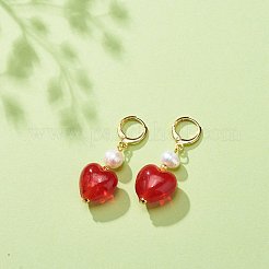 Red Glass Heart with Natural Pearl Dangle Leverback Earrings&nbsp;EJEW-TA00129