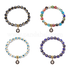 4Pcs 4 Colors Flat Round with Cross Alloy Enamel Charm Bracelets&nbsp;BJEW-JB12269
