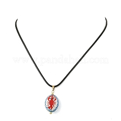 Handmade Porcelain Oval with Lobster Pendant Black Waxed Cord Necklaces&nbsp;NJEW-JN06564