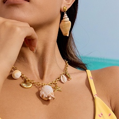 304 Stainless Steel with Natural Shell Starfish Sea Horse Pendant Bib Necklaces for Women&nbsp;FS-WG01E94-02