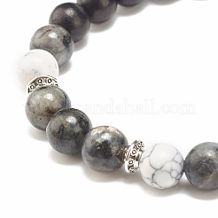 Natural Larvikite & Wood Round Beaded Stretch Bracelet&nbsp;BJEW-JB07804