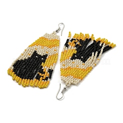 Boho Seed Bead Halloween Black Cat Tassel Earrings&nbsp;EJEW-Q380-05