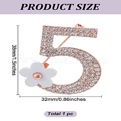 1Pc Number 5 with Flower Alloy Rhinestone Brooches&nbsp;JEWB-LP0001-04