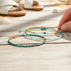 3Pcs 3 Styles Brass & Glass & Natural Green Aventurine Beaded Braclet Set&nbsp;WN5918-1