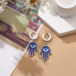 Glass Seed Braided Hamsa Hand with Evil Eye Dangle Hoop Earrings&nbsp;EJEW-MZ00008