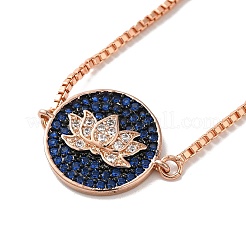 Rack Plating Brass Micro Pave Clear & Dark Blue Cubic Zirconia Box Chain Lotus Flower Link Slider Bracelets&nbsp;BJEW-G716-01RG