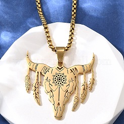 Punk Style 201 Stainless Steel Laser Cut Cattle Head Pendant Box Chain Necklaces for Women Men&nbsp;NJEW-E156-04G