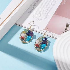 Natural & Synthetic Mixed Gemstone Chips Oval with Tree of Life Dangle Earrings&nbsp;EJEW-JE04880-01