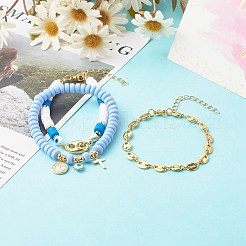 5Pcs 5 Style Handmade Polymer Clay Stretch & Brass Beaded & Alloy Link Chain Bracelets Set&nbsp;BJEW-SZ0001-66D