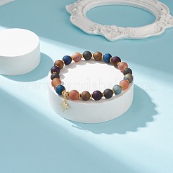Natural Agate Round Beaded Stretch Bracelet with Brass Star Charm&nbsp;BJEW-JB08647