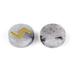 Brass Elder Futhark Alphabet Engraved Symbol Flat Round Natural Labradorite Rune Stones&nbsp;G-I373-01K