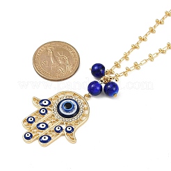 Alloy Enamel Crystal Rhinestone Blue Evil Eye Hamsa Hand Pendant Brass Link Chain Necklaces&nbsp;NJEW-JN05314