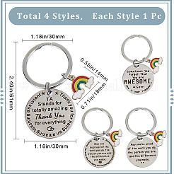 4Pcs 4 Styles  Teacher's Day Stainless Steel Flat Round with Word Pendant Keychain&nbsp;KEYC-GF0001-11