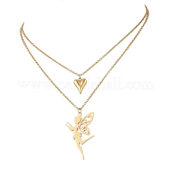 Stainless Steel Fairy and Heart Pendant 304 Stainless Steel Cable Chain Double Layer Necklaces for Women&nbsp;NJEW-JN05810-01