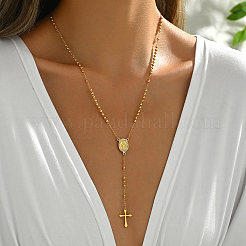201 Stainless Steel Crystal Rhinestone Relief Portrait Saint Pendant Tassel Cross Rosary Bead Necklaces for Women&nbsp;EU5525-1