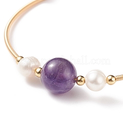 Natural Amethyst & Pearl Round Beaded Bangle&nbsp;BJEW-JB08464-03