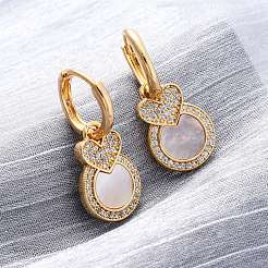 Heart with Flat Round Brass Micro Pave Clear Cubic Zirconia Hoop Earrings&nbsp;KK-D363-11B-G