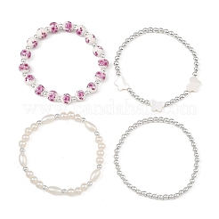 4Pcs 4 Styles Printed Porcelain Beads & Synthetic Hematite Beads & Shell Beads & ABS Plastic Pearl Stretch Bracelets Sets for Women&nbsp;BJEW-JB14203-02