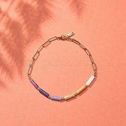 Natural Mixed Gemstone Column Beaded Anklet with Brass Paperclip Chains for Women&nbsp;AJEW-AN00494