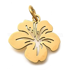 304 Stainless Steel Charms, with Jump Ring, Flower Charm, Laser Cut, Ion Plating(IP), Real 18K Gold Plated, 14x14.5x1mm, Hole: 3mm