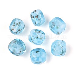 Handmade Gold Sand Lampwork Beads, Cuboid with Flower, with Porcelain, Light Sky Blue, 12~13x10~11x10~11mm, Hole: 1.2~1.5mm