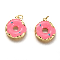 Brass Enamel Pendants, Cadmium Free & Lead Free, Long-Lasting Plated, Real 18K Gold Plated, with Jump Ring, Imitation Food, Donut Shape, Pink, 15x13x2.7mm, Hole: 2.6mm