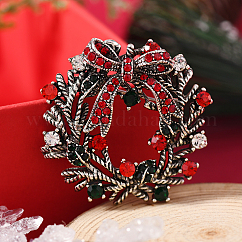 Christmas Theme Zinc Alloy Rhinestone Brooches for Backpack Clothes, Christmas Wreath