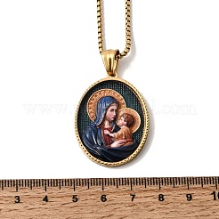Unisex Religion 304 Stainless Steel Enamel Oval Pendant Box Chain Necklaces&nbsp;STAS-H258-02G-01
