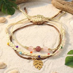 3OPcs 3 Styles Natural Rhodochrosite & Pink Jade & Glass Round Beads Bracelets & Brass Leaf Charm Bracelets Set&nbsp;DI3925-1