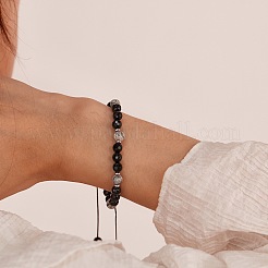 Adjustable Natural Map Stone and Faceted Black Onyx(Dyed & Heated) Round Braided Bead Bracelets&nbsp;CN2041-1