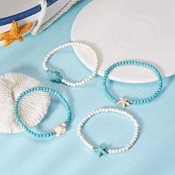 4Pcs 4 Style Dyed Synthetic Turquoise Starfish & Turtle Beaded Stretch Bracelets Set for Women&nbsp;BJEW-JB09338