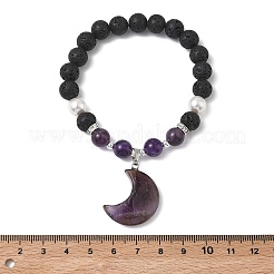Natural Amethyst & Lava Rock & Shell Pearl Charm Bracelets&nbsp;BJEW-JB13705-02