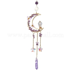 Wire Wrapped Natural Amethyst Chips Moon Hanging Ornaments&nbsp;HJEW-JM02621-02