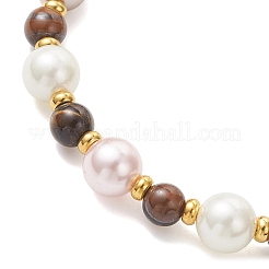 Shell Pearl & Natuarl Tiger Eye Round Beaded Bracelets for Women&nbsp;BJEW-JB12896