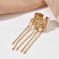 304 Stainless Steel Tassel Cuff Open Rings for Women&nbsp;RJEW-F208-01G-02