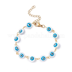 Natural Shell Flat Round with Evil Eye Link Chain Bracelet with Enamel&nbsp;BJEW-C015-21G