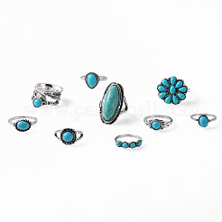9Pcs Alloy with Synthetic Turquoise Finger Rings&nbsp;FS-WG21963-01