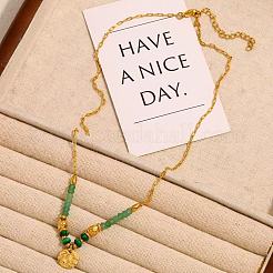 Stainless Steel Disc Pendant Natural Green Aventurine & Synthetic Malachite Beaded Necklaces for Women&nbsp;HX3961