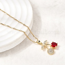 Brass Pave Clear and Red Cubic Zirconia Cherry Pendant 304 Stainless Steel Cable Chain Necklaces for Women&nbsp;NJEW-H092-05G